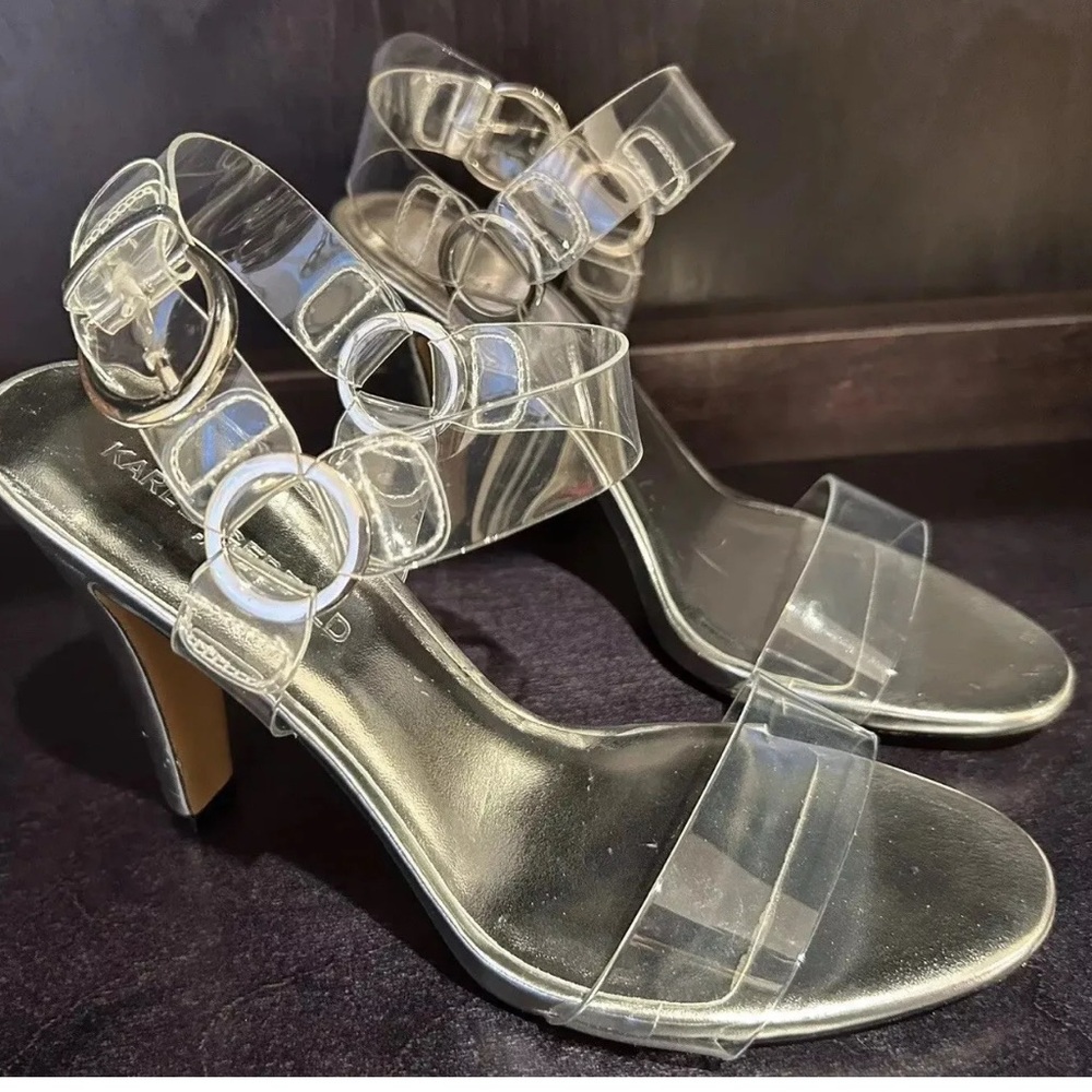 Karl Lagerfeld silver Metallic‎ Heels with Clear Straps size 8